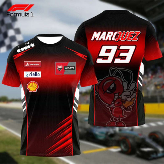 Marc Márquez fan apparel black and red racing shirt with number 93 and sponsor logos