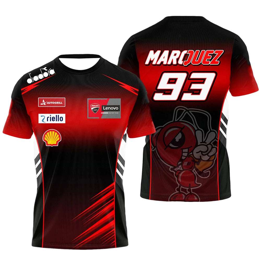 Marc Márquez fan apparel black and red racing style t-shirt with number 93 and sponsor logos