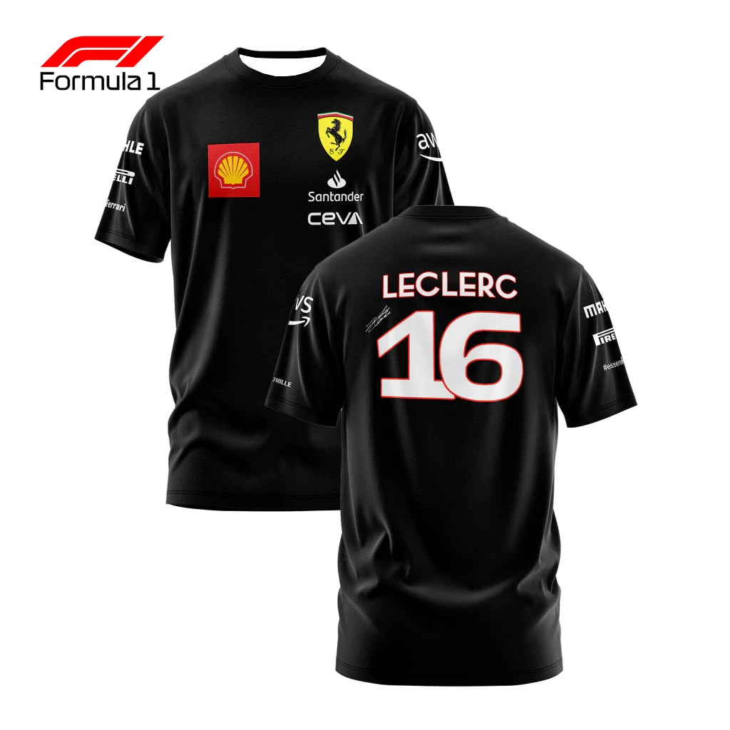 Ferrari F1 2025 team shirt in black with Leclerc 16 name and sponsor logos on front and back