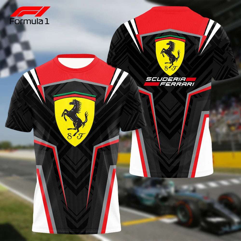Front and back view of Ferrari F1 racing t-shirt with Scuderia Ferrari logo and black red white design