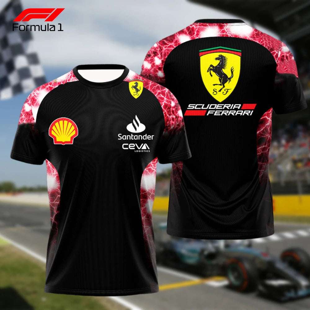 Black and red Ferrari F1 racing t-shirt with sponsor logos and Scuderia Ferrari emblem front and back