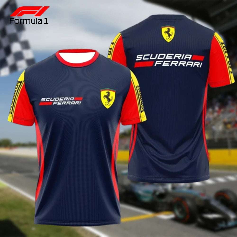 Navy blue and red Ferrari F1 t-shirt with Scuderia Ferrari logo on front and back