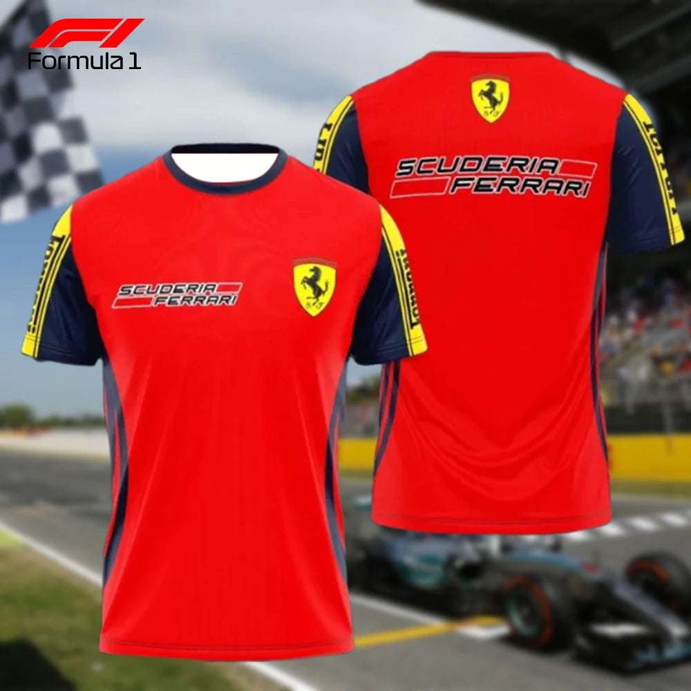 Red and navy Ferrari F1 t-shirt with Scuderia Ferrari logo and yellow details on sleeves