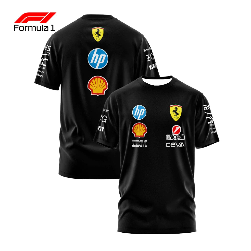 Black Ferrari F1 team shirt featuring sponsor logos including HP, Shell, and IBM on front and back