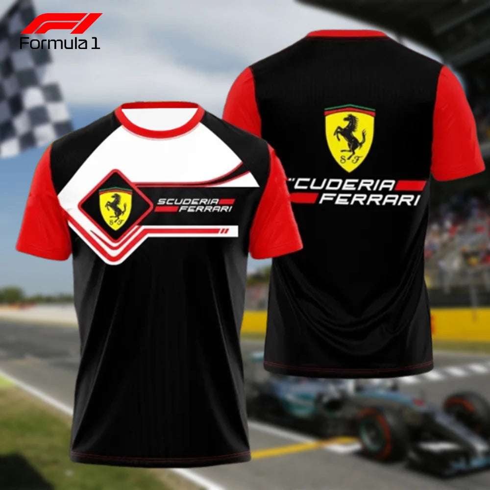 Black and red Ferrari F1 team shirt with Scuderia Ferrari logo on front and back