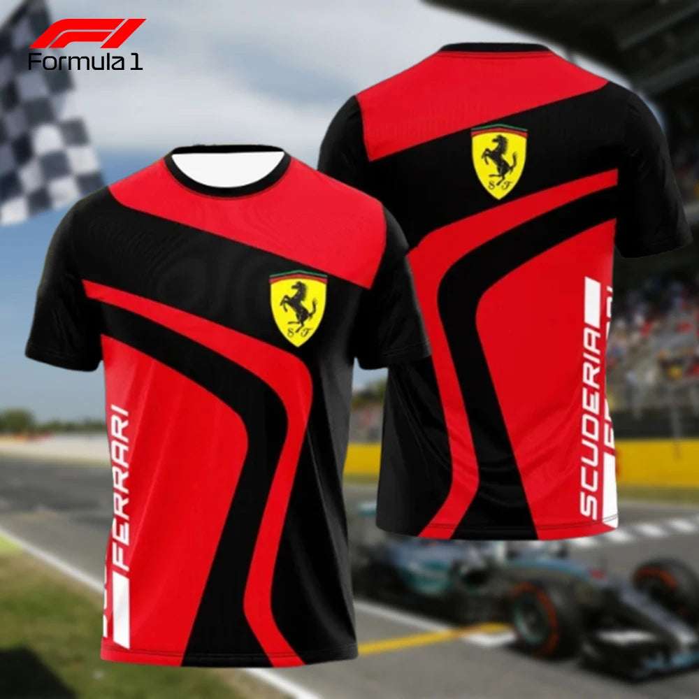 Red and black Ferrari F1 team shirt with Scuderia Ferrari logo front and back