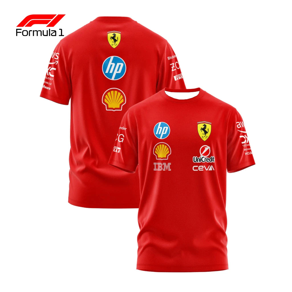 Red Ferrari F1 team shirt with sponsor logos and Ferrari emblem on front and back