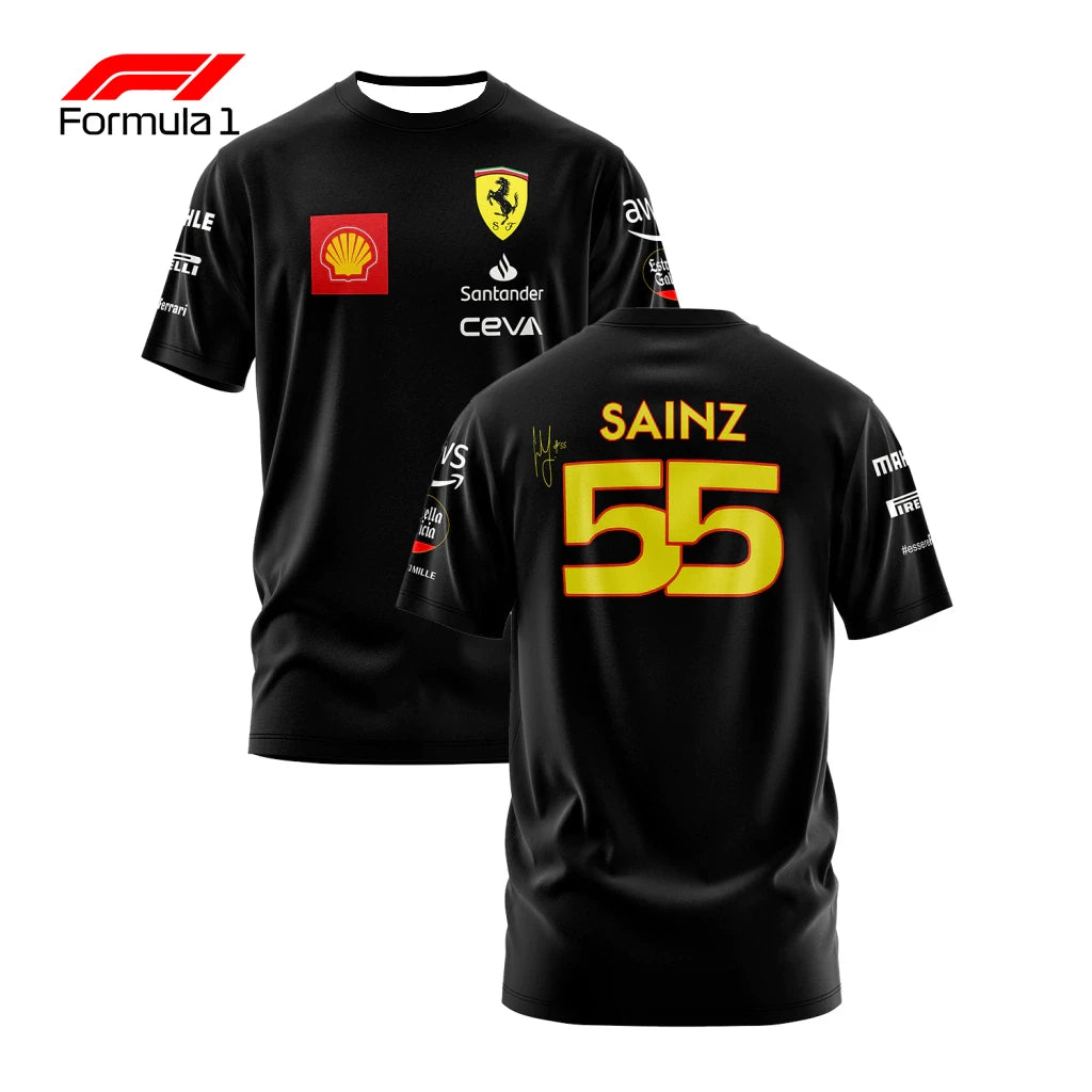 Black Ferrari F1 team shirt with Shell and Santander logos front and Sainz 55 number on back