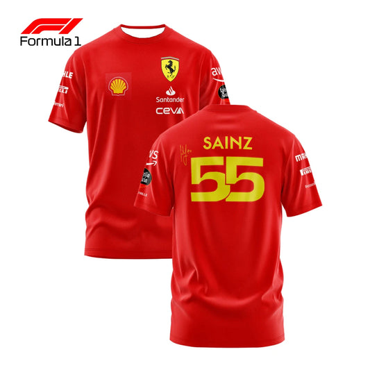 Red Ferrari F1 team shirt with Shell and Santander logos featuring Sainz 55 number on back