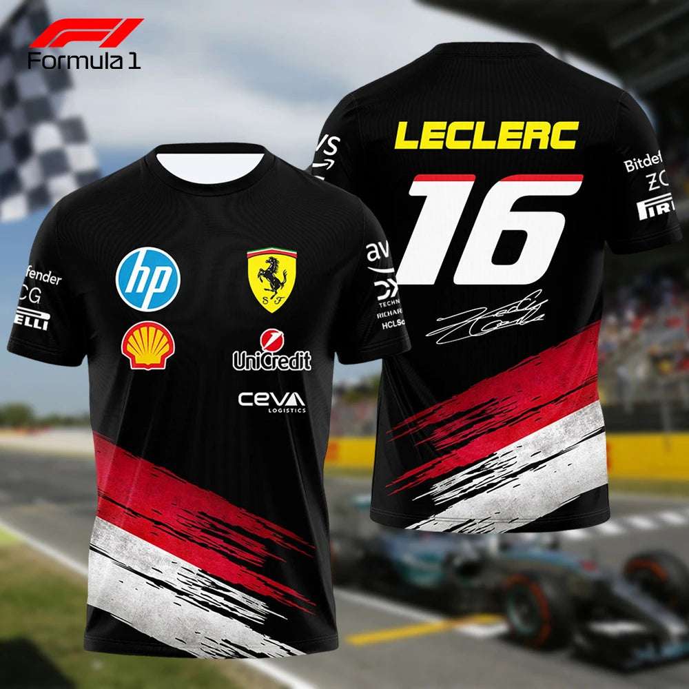 Ferrari F1 team t-shirt black with red and white stripes featuring sponsor logos and Leclerc 16 on back