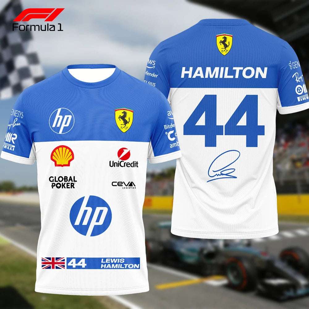 Ferrari F1 team t-shirt Lewis Hamilton number 44 blue and white racing design with sponsor logos