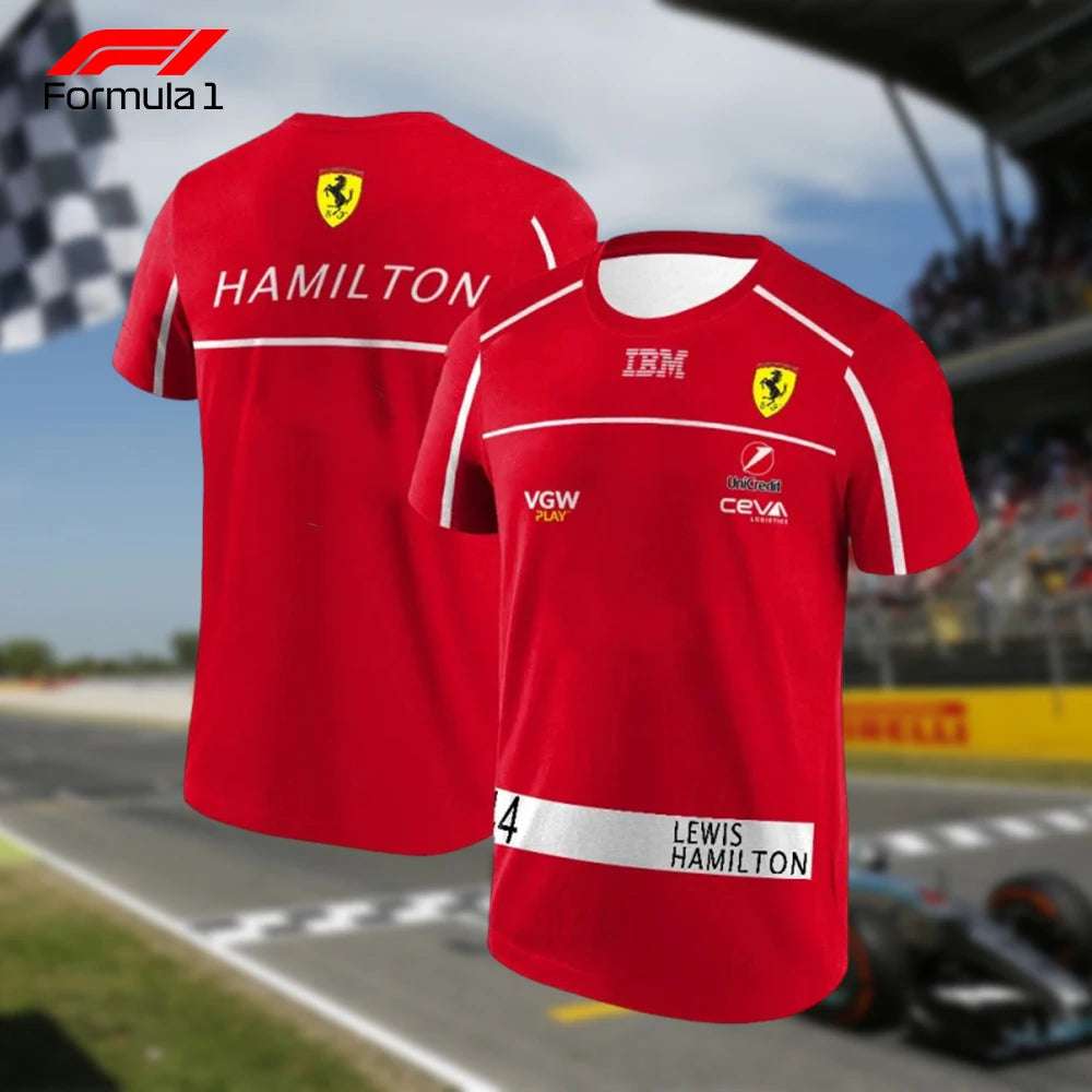 Red Ferrari F1 team t-shirt featuring Lewis Hamilton name and racing sponsor logos