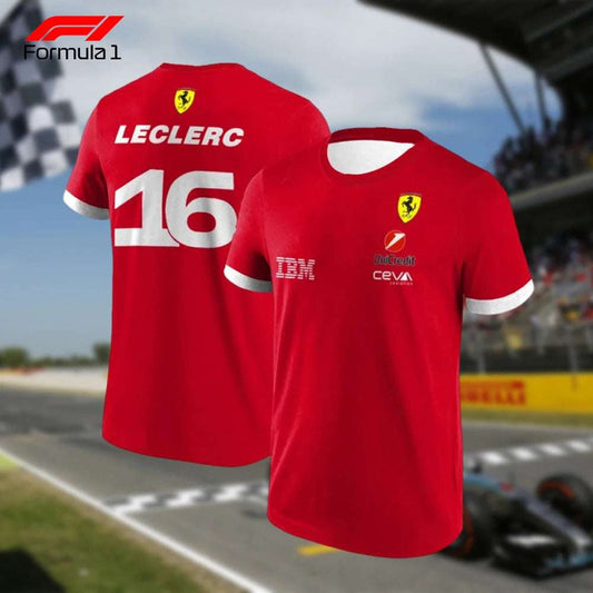 Red Ferrari F1 team t-shirt with Leclerc 16 print and sponsor logos on a race track background