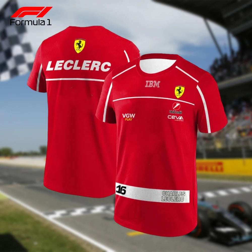 Red Ferrari F1 team t-shirt featuring Charles Leclerc branding and sponsor logos