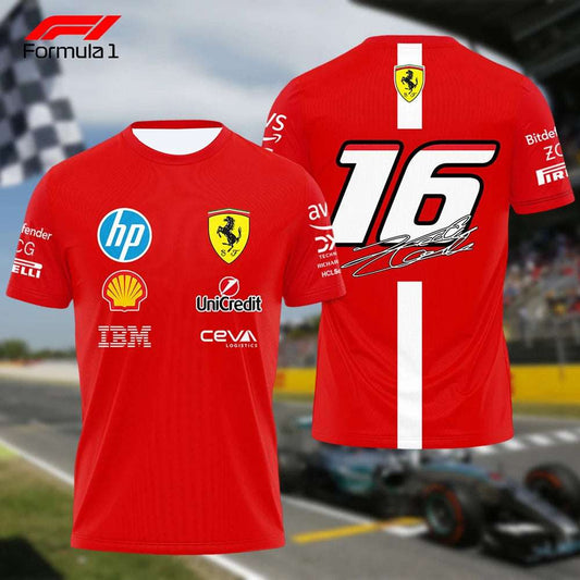 Red Ferrari F1 team t-shirt with sponsor logos and number 16 on the back