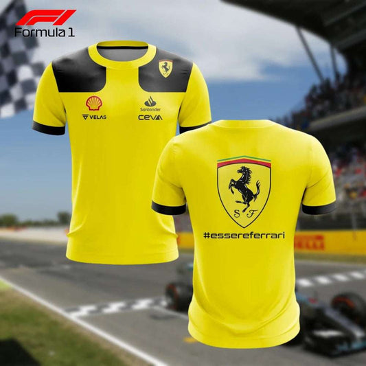 Yellow and black Ferrari F1 team t-shirt with sponsor logos and prancing horse emblem on the back