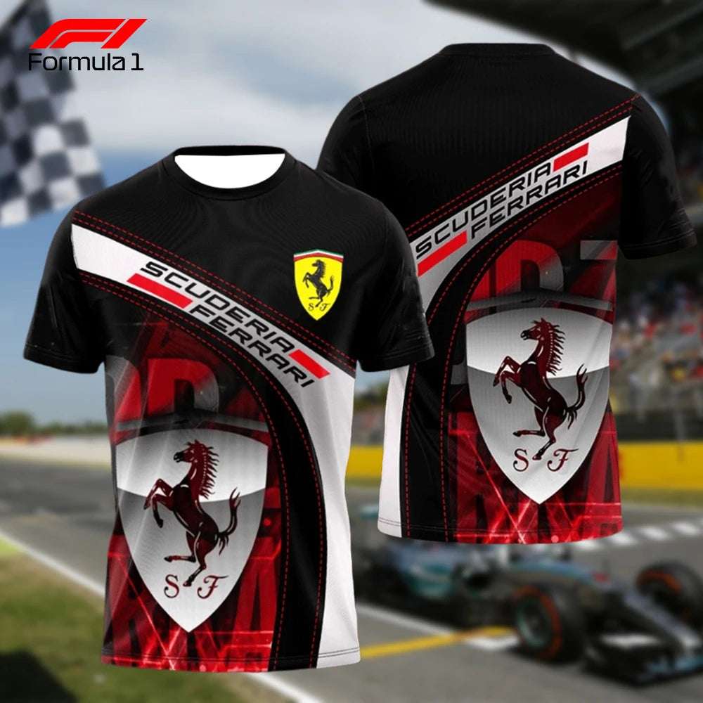 Black and red Ferrari F1 T-shirt with Scuderia Ferrari logo and racing graphics on front and back