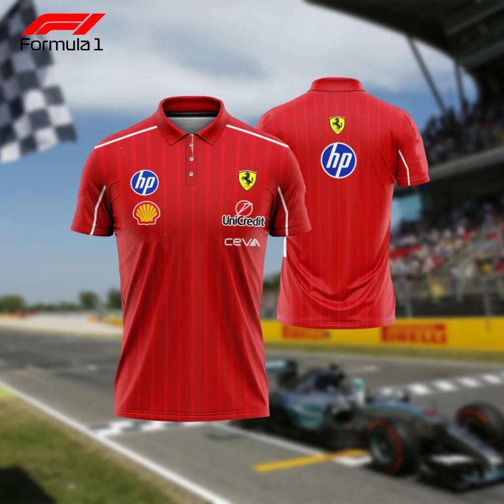 Red Formula 1 racing team shirt with sponsor logos and Ferrari emblem front and back