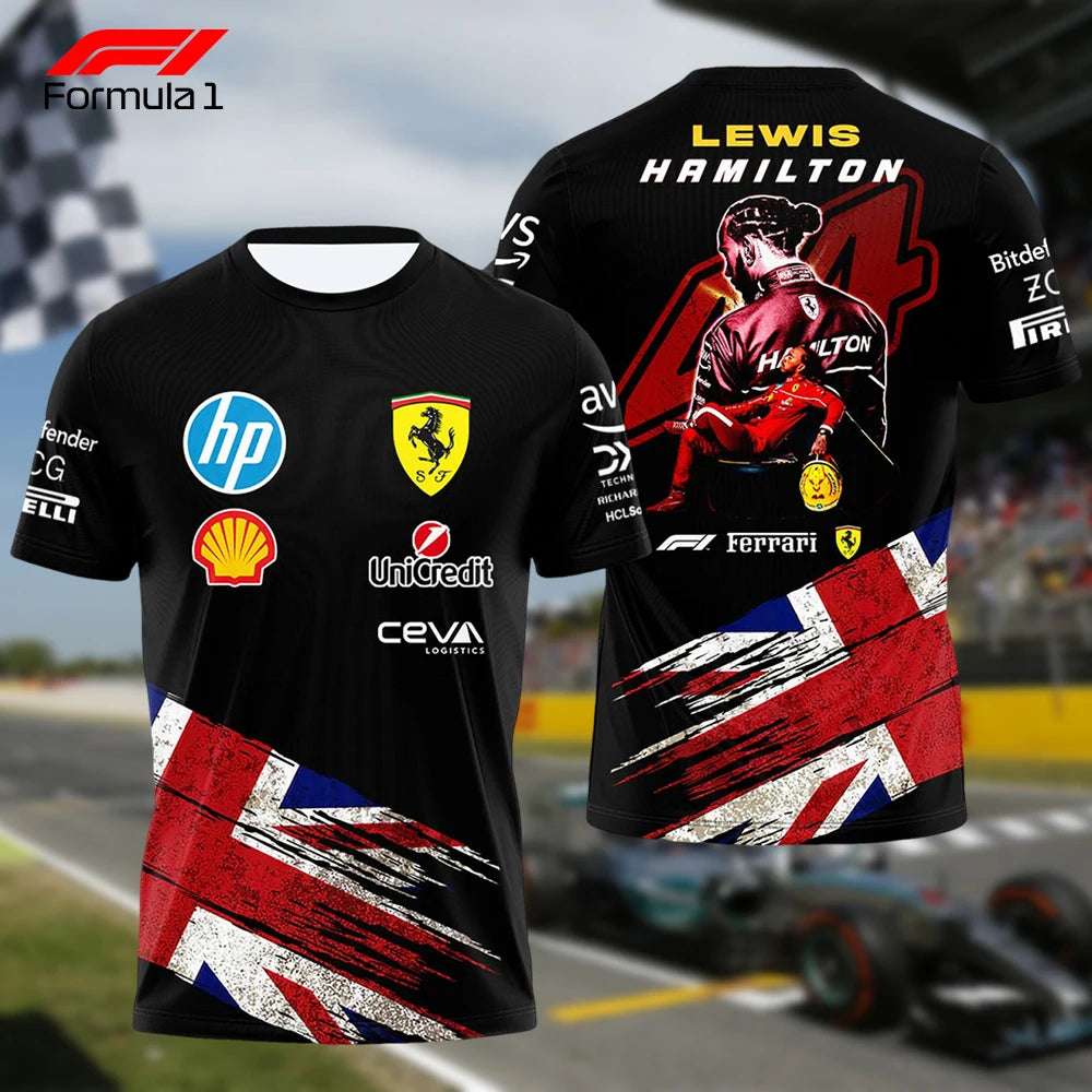 Black Ferrari Formula 1 team shirt featuring Lewis Hamilton design and sponsor logos with British flag accents