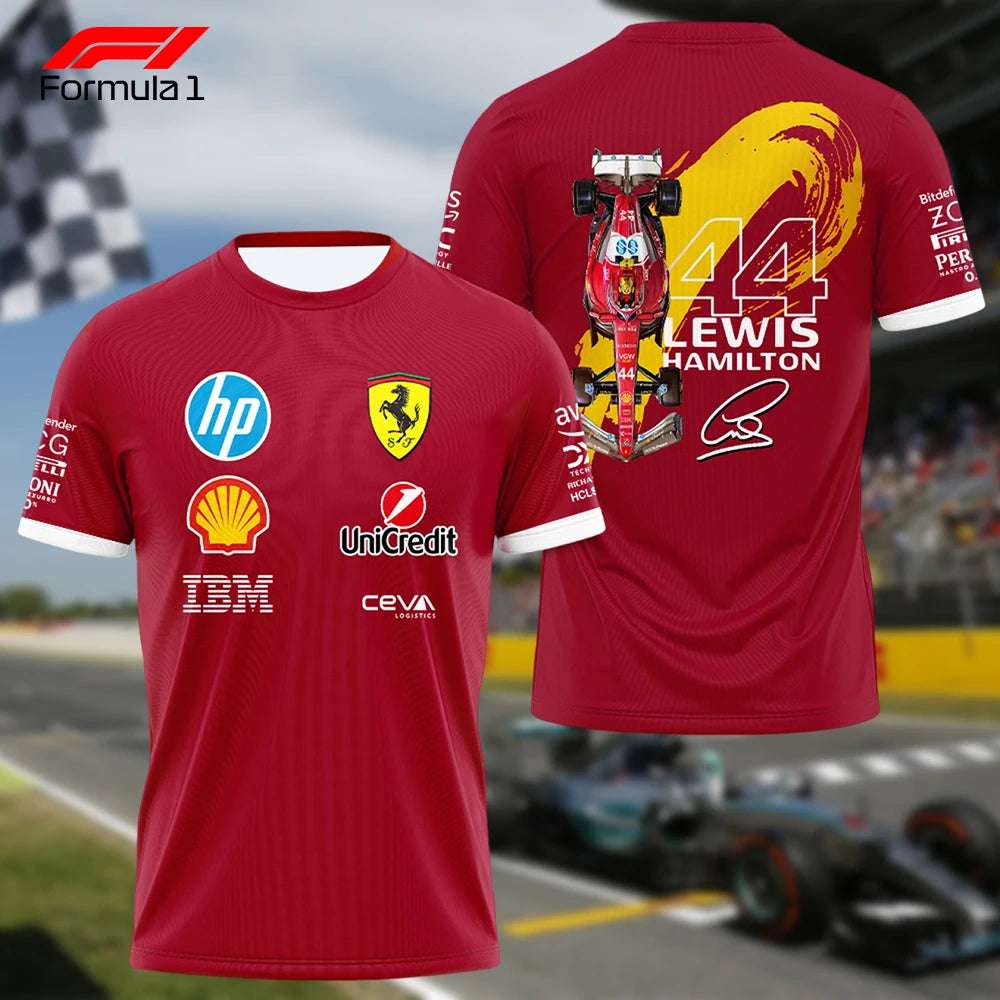 Red Ferrari Formula 1 team shirt featuring sponsor logos and Lewis Hamilton race car design on back