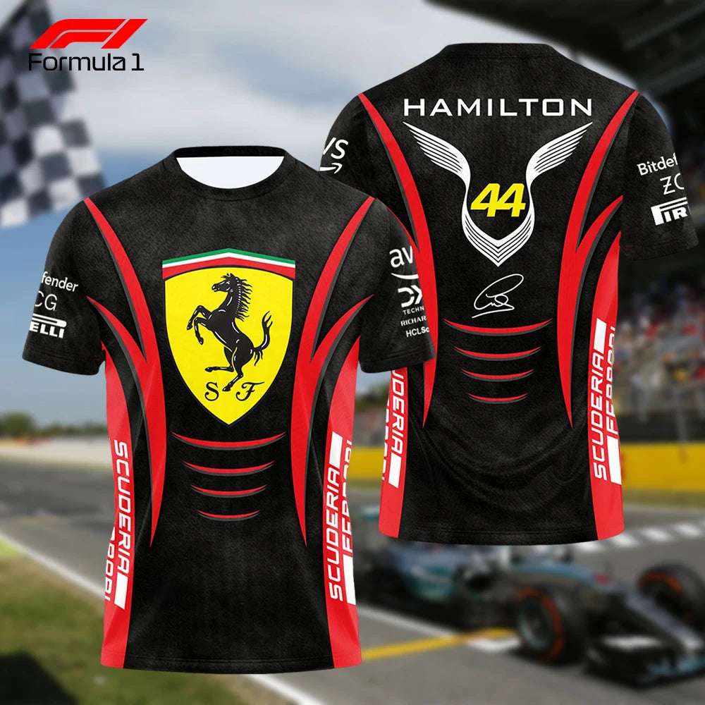 Black Ferrari Formula 1 team shirt with red accents featuring Scuderia Ferrari logo and Hamilton 44 on back