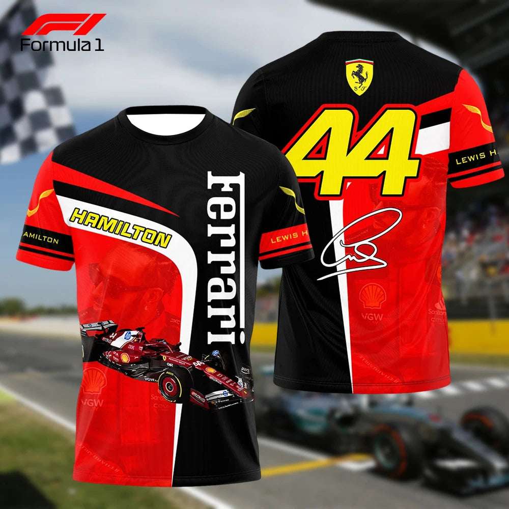 Lewis Hamilton Ferrari F1 T-shirt featuring race car graphic black red design with number 44 and signature