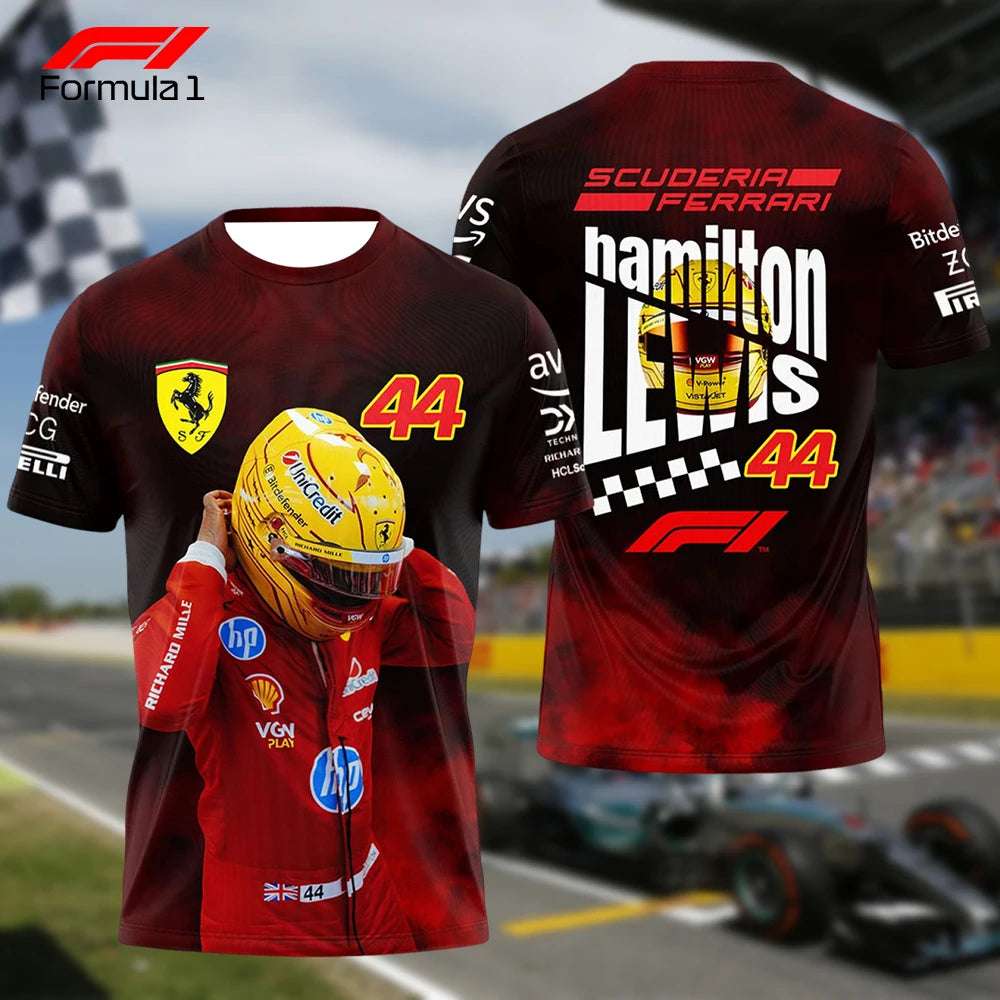 Lewis Hamilton Ferrari F1 T-shirt featuring driver image front and bold graphic back design