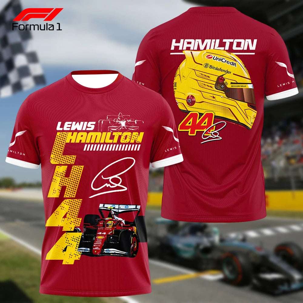 Lewis Hamilton Ferrari F1 T-shirt in red with racing car, helmet, and number 44 graphic design