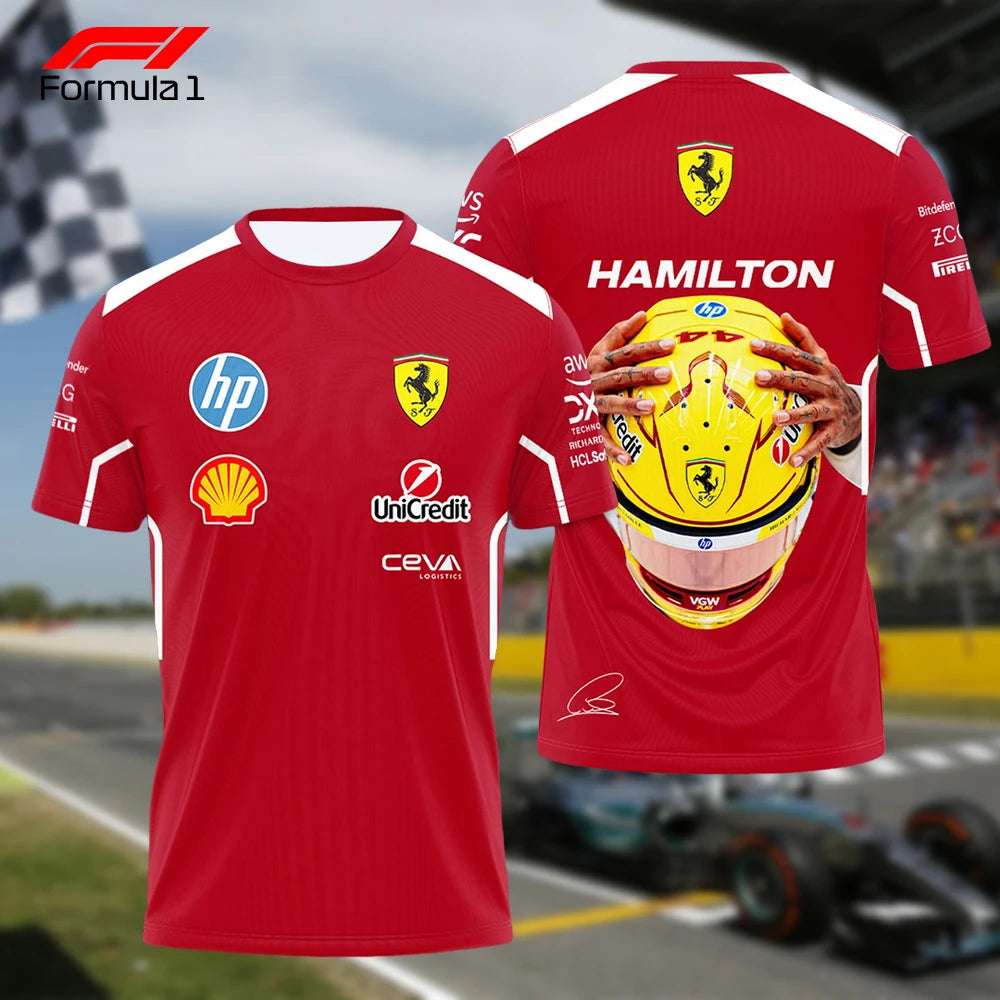 Red Ferrari Lewis Hamilton t-shirt with racing logos and helmet graphic on back