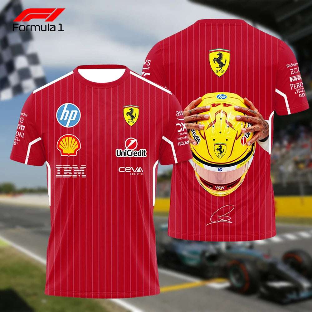 Red Ferrari Lewis Hamilton t-shirt with sponsor logos and graphic helmet design on back