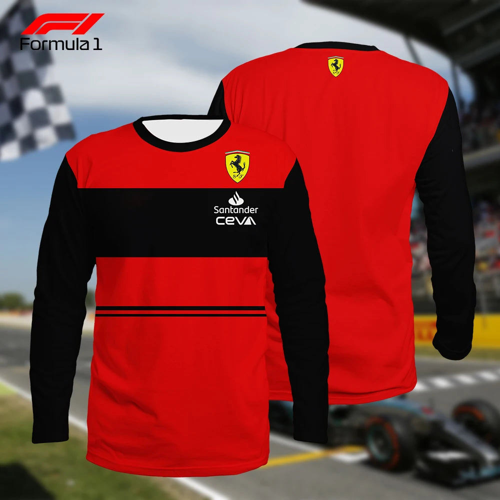 Red and black Ferrari racing team shirt with long sleeves featuring sponsor logos and Ferrari emblem