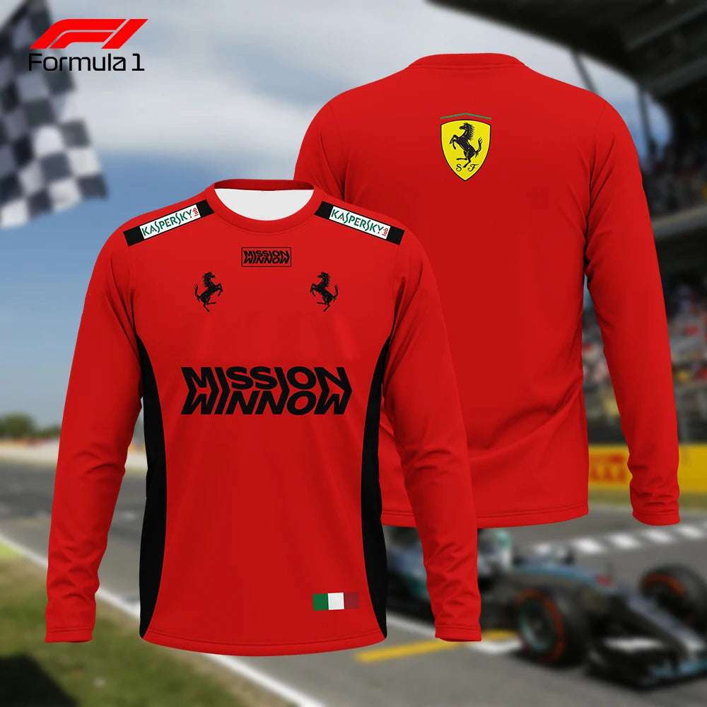 Red Ferrari racing team shirt with long sleeves and sponsor logos including Mission Winnow and Kaspersky