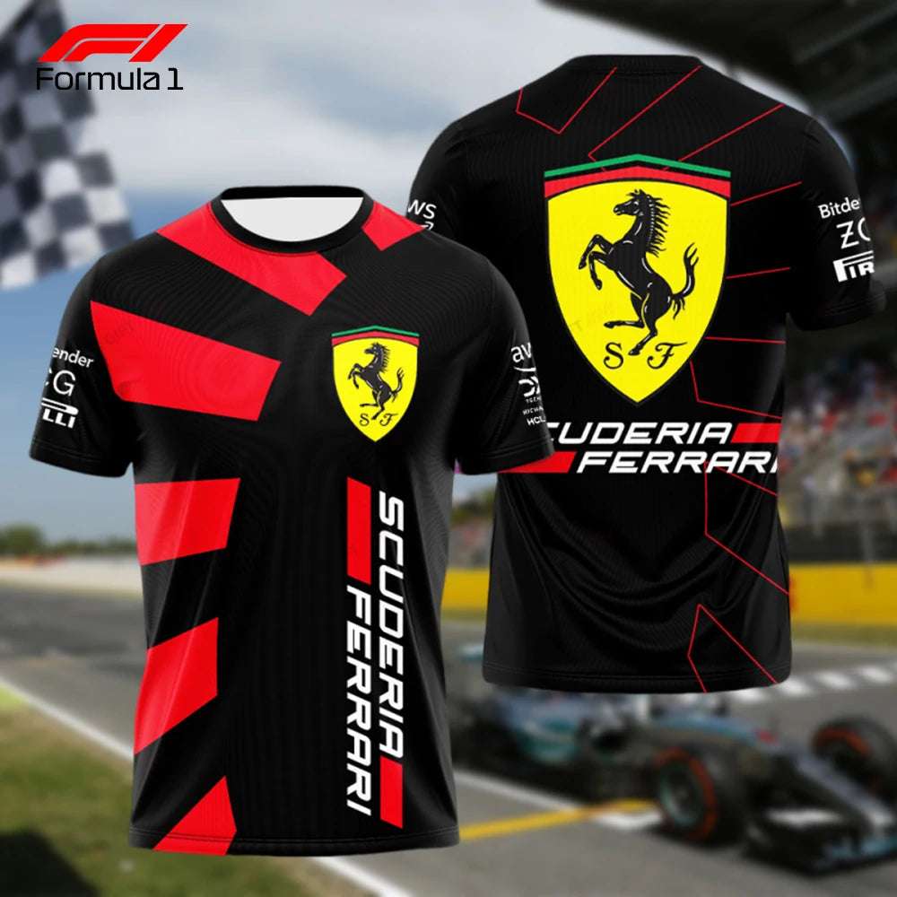 Ferrari racing team t-shirt in black with red accents and Scuderia Ferrari logo front and back