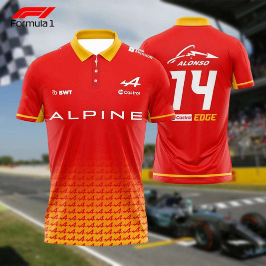 Red Formula 1 Alpine polo shirt with yellow collar and sponsor logos front and back