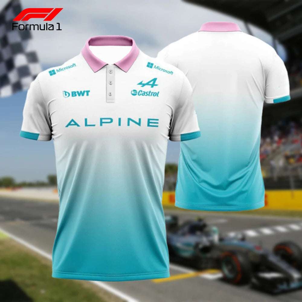 Formula 1 Alpine polo shirt with gradient turquoise and white design and sponsor logos front and back