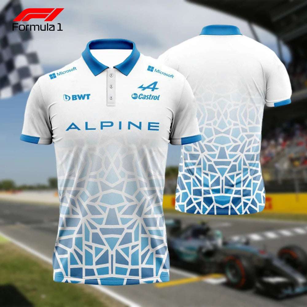 Formula 1 Alpine polo shirt in white with blue geometric design and sponsor logos front and back