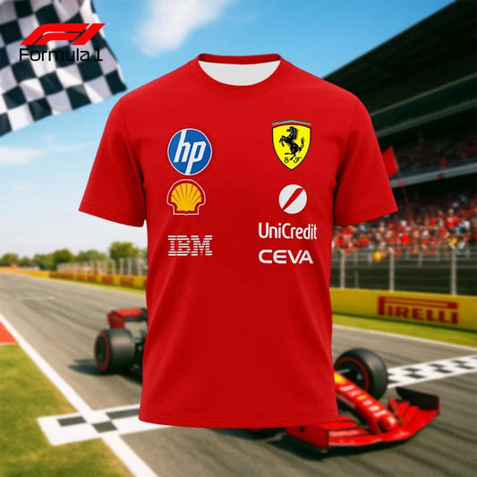 Red Ferrari Formula 1 team t-shirt featuring HP Shell IBM UniCredit CEVA logos