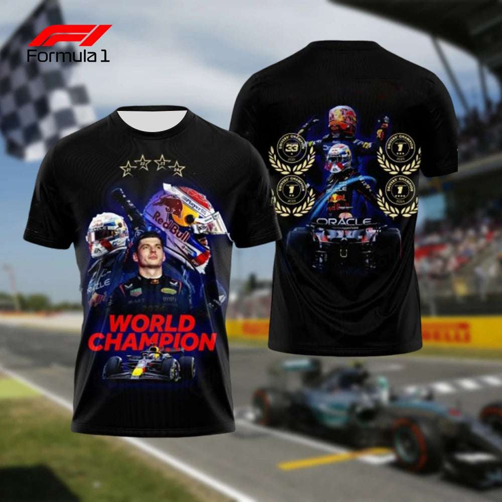 2025 Verstappen special edition shirt featuring world champion design with race car and trophy graphics