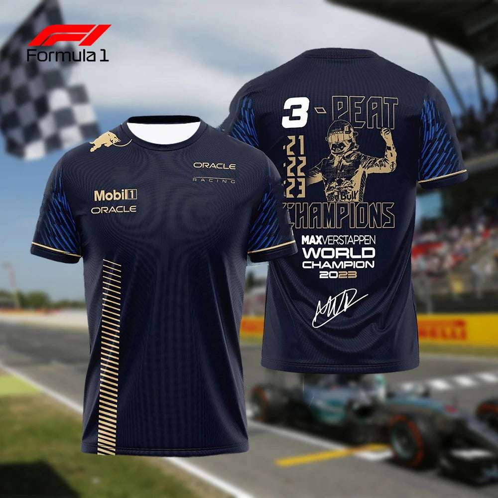 Navy blue F1 champion t-shirt featuring Max Verstappen 2023 World Champion design front and back