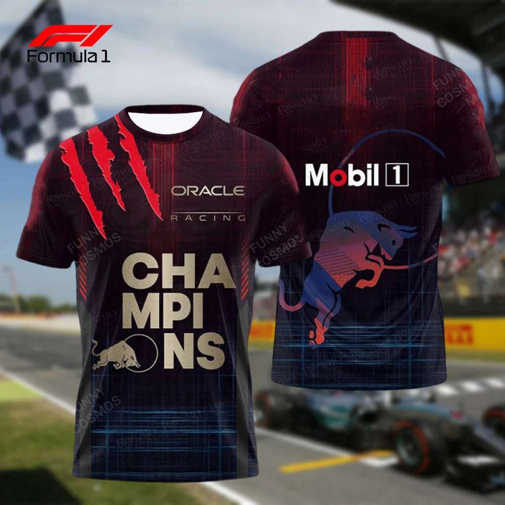 Red and black F1 champion t-shirt with Oracle and Mobil 1 logos featuring racing design
