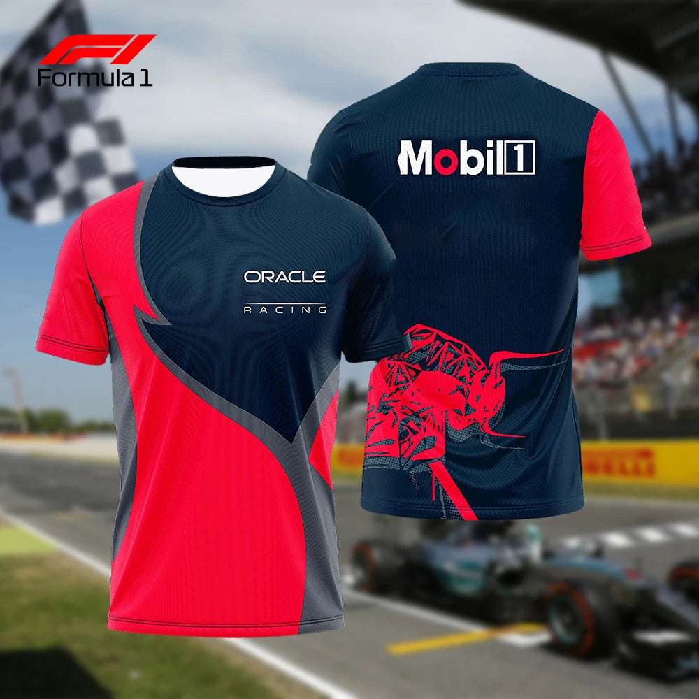 Blue and red F1 champion t-shirt with Oracle Racing and Mobil 1 logos on front and back