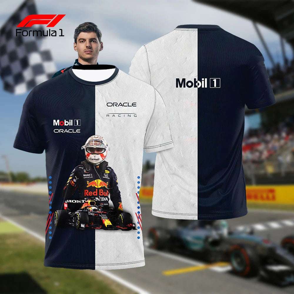 F1 champion t-shirt featuring Red Bull Racing design with driver graphic and Oracle branding