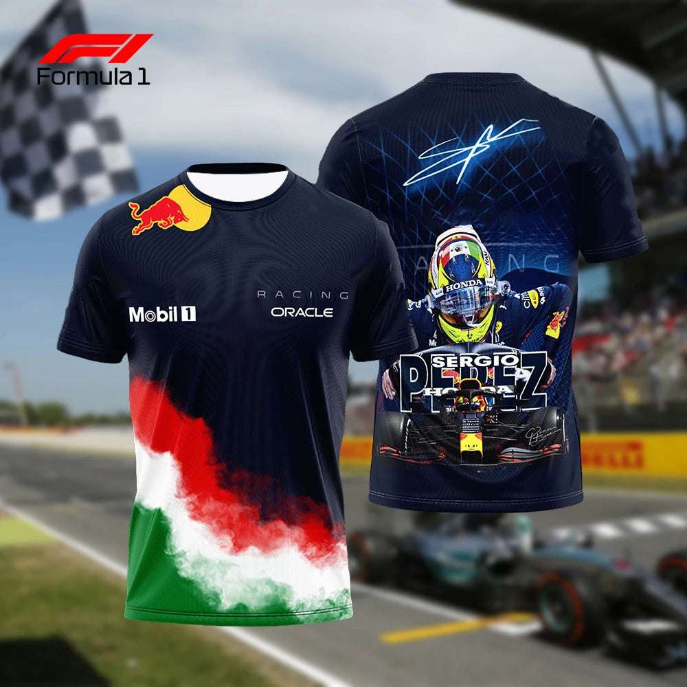 F1 champion t-shirt featuring Red Bull design with Sergio Perez racing graphics on front and back