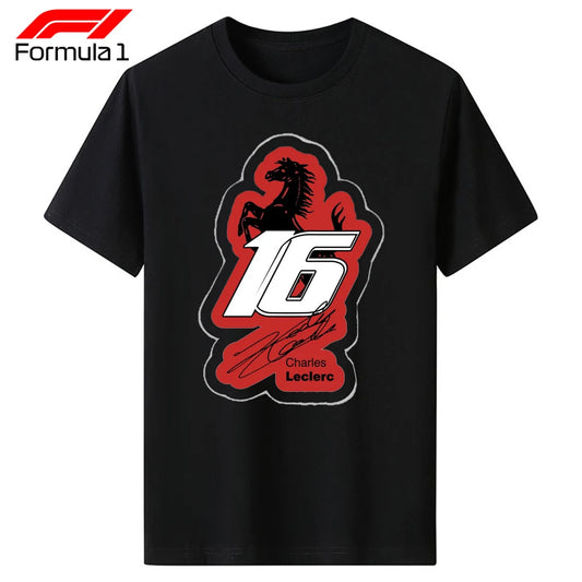 Black Ferrari t-shirt model 16 featuring red and white design with horse and Charles Leclerc signature