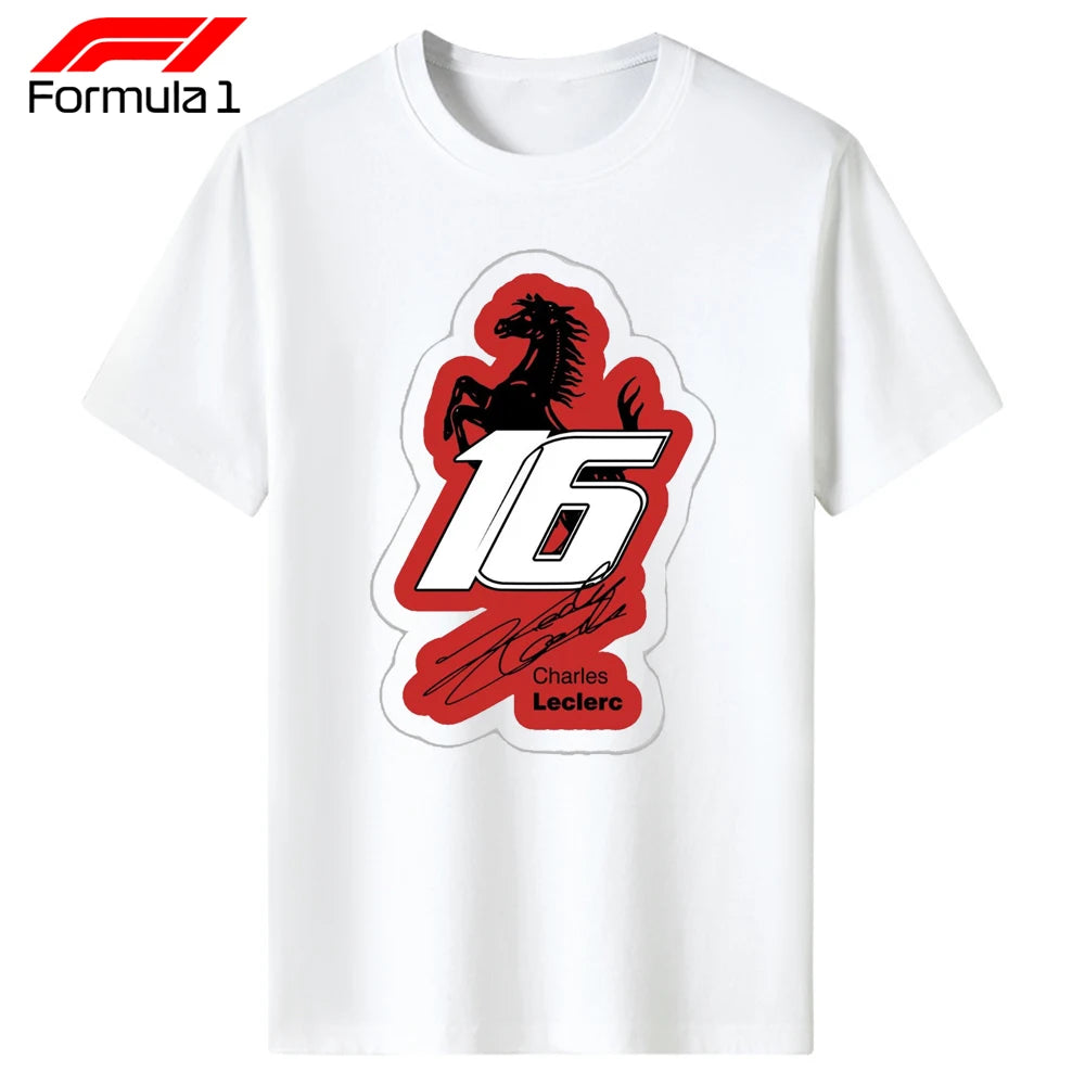 White Ferrari t-shirt model 16 with red and black graphic featuring number 16 and prancing horse logo