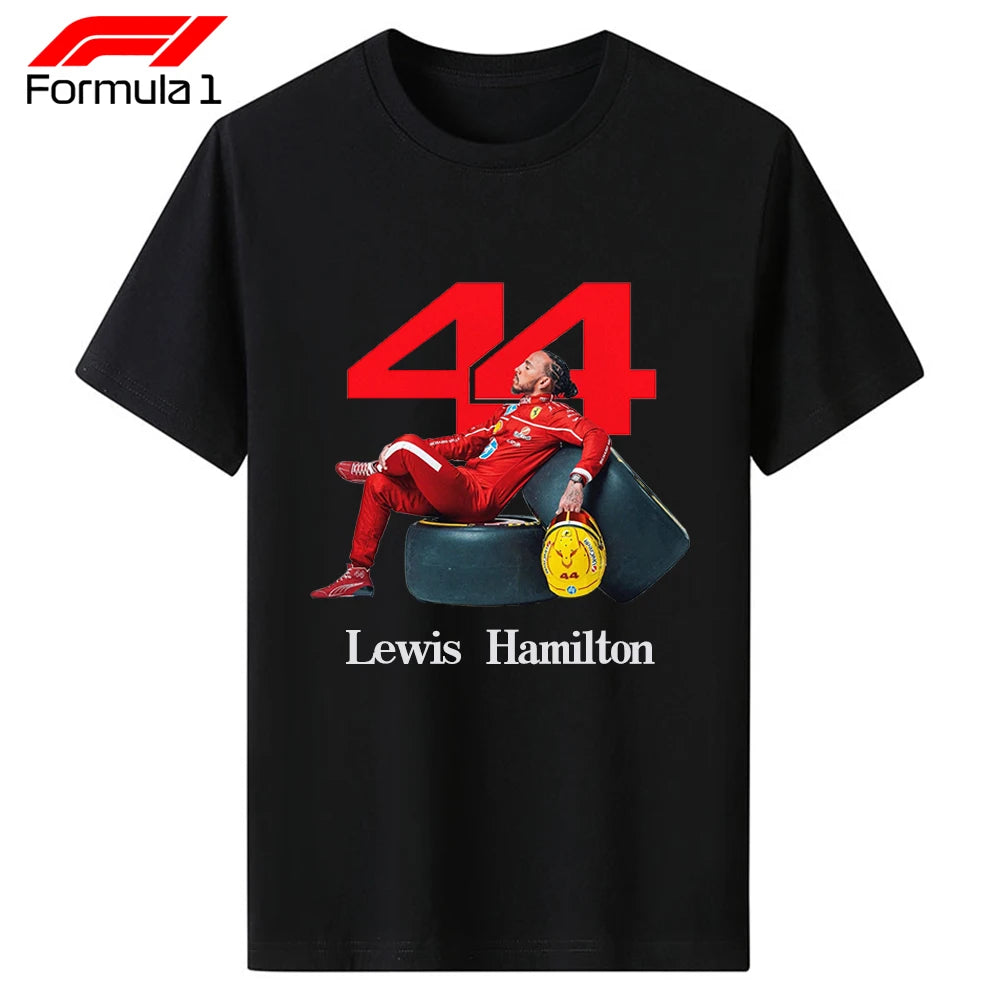 Black Lewis Hamilton 44 t-shirt with red number 44 and image of Lewis Hamilton in racing suit holding helmet