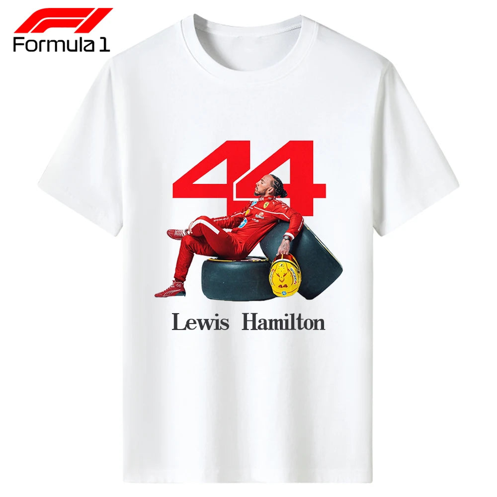 White Lewis Hamilton 44 t-shirt featuring driver graphic with red 44 and yellow helmet design