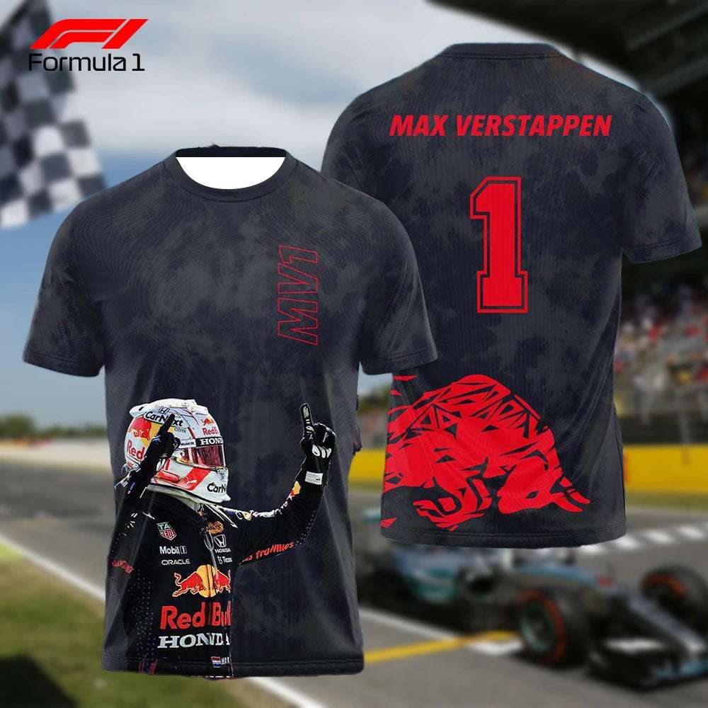Max Verstappen world champion tee with racing driver graphic front and red number one on back