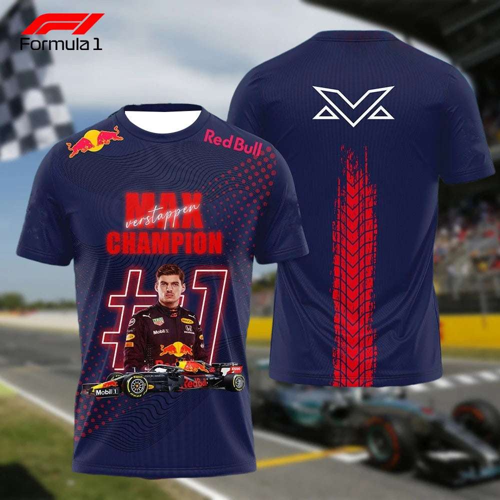 Max Verstappen world champion tee with Red Bull design and race car graphic in navy blue