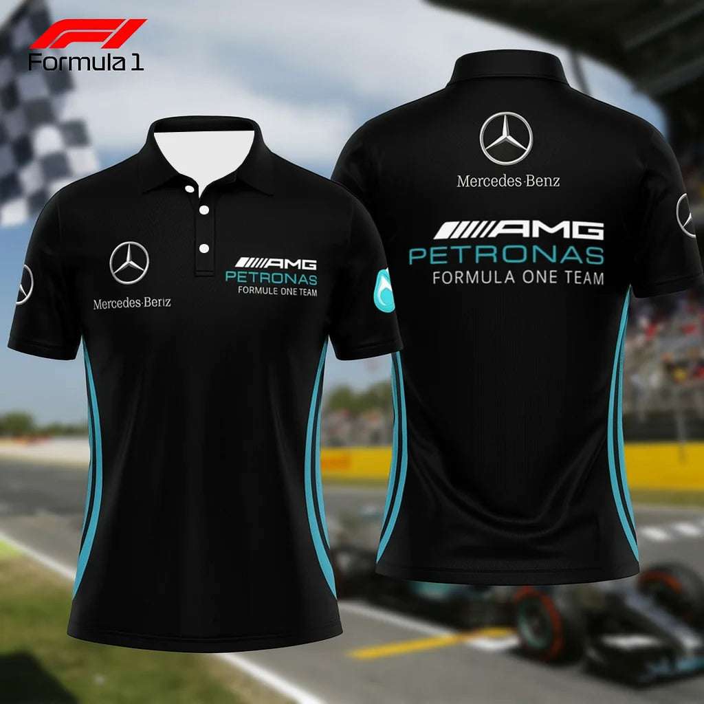 Black Mercedes AMG racing polo shirt with white and blue logos showing front and back design
